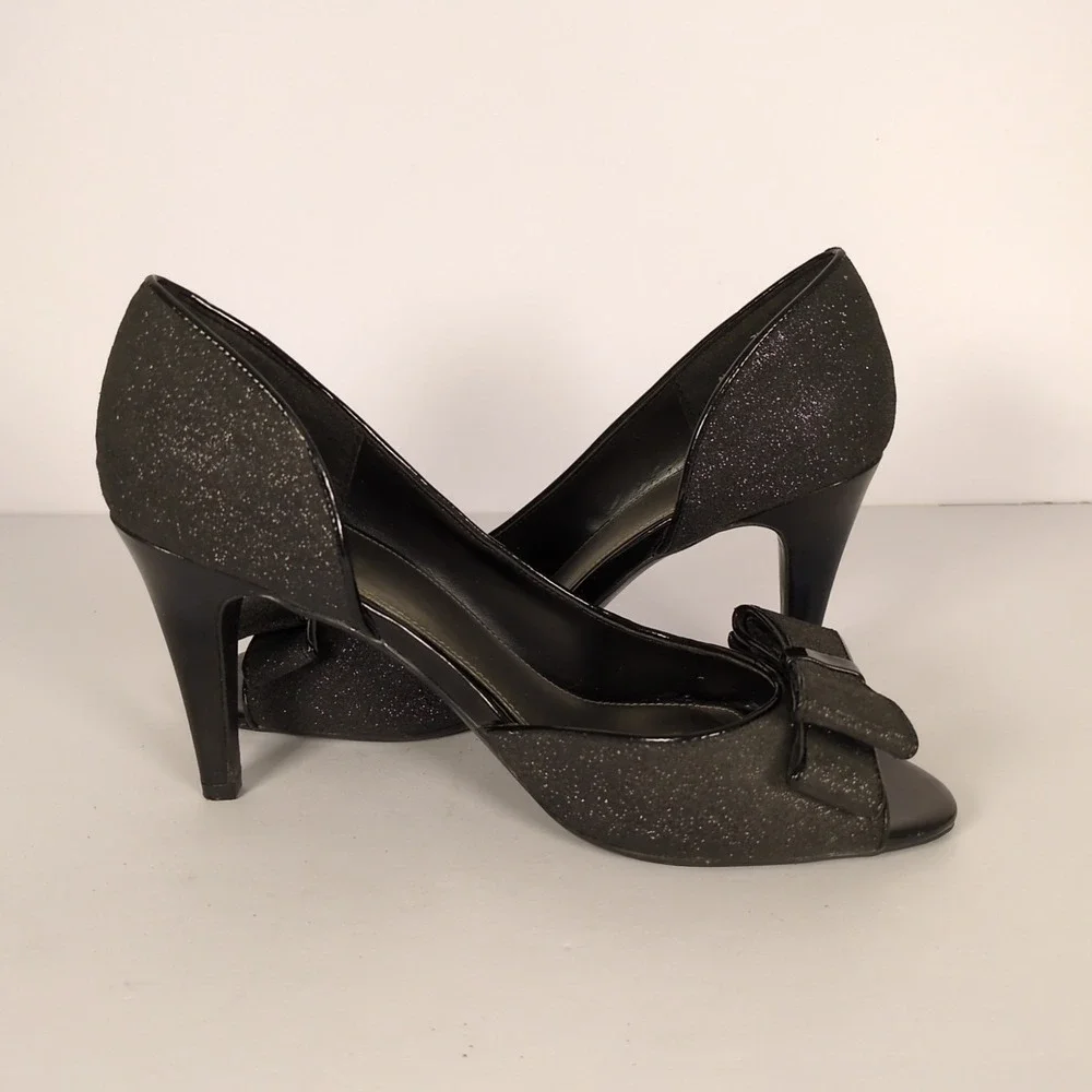 IMPO VTG Black‎ Heels SZ 7 Patent Leather Glitter Open Toe Bow Accent Pumps